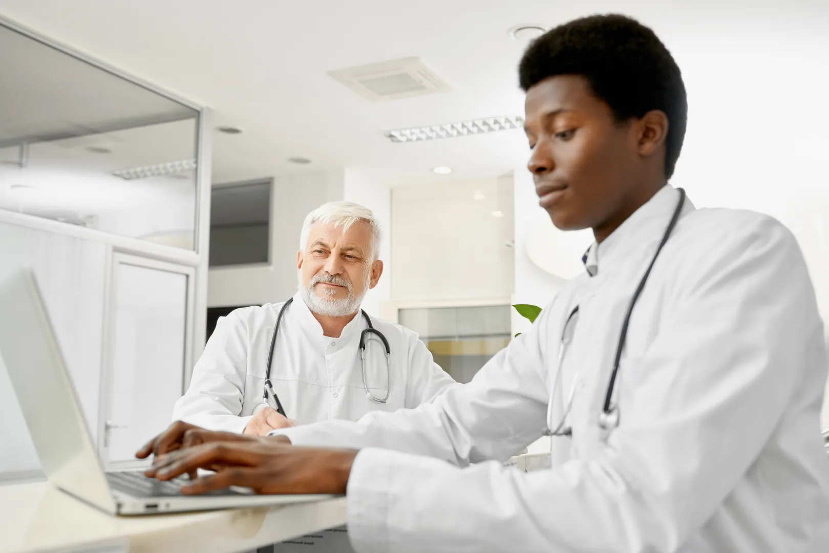 Medical professionals in a clinic reception area