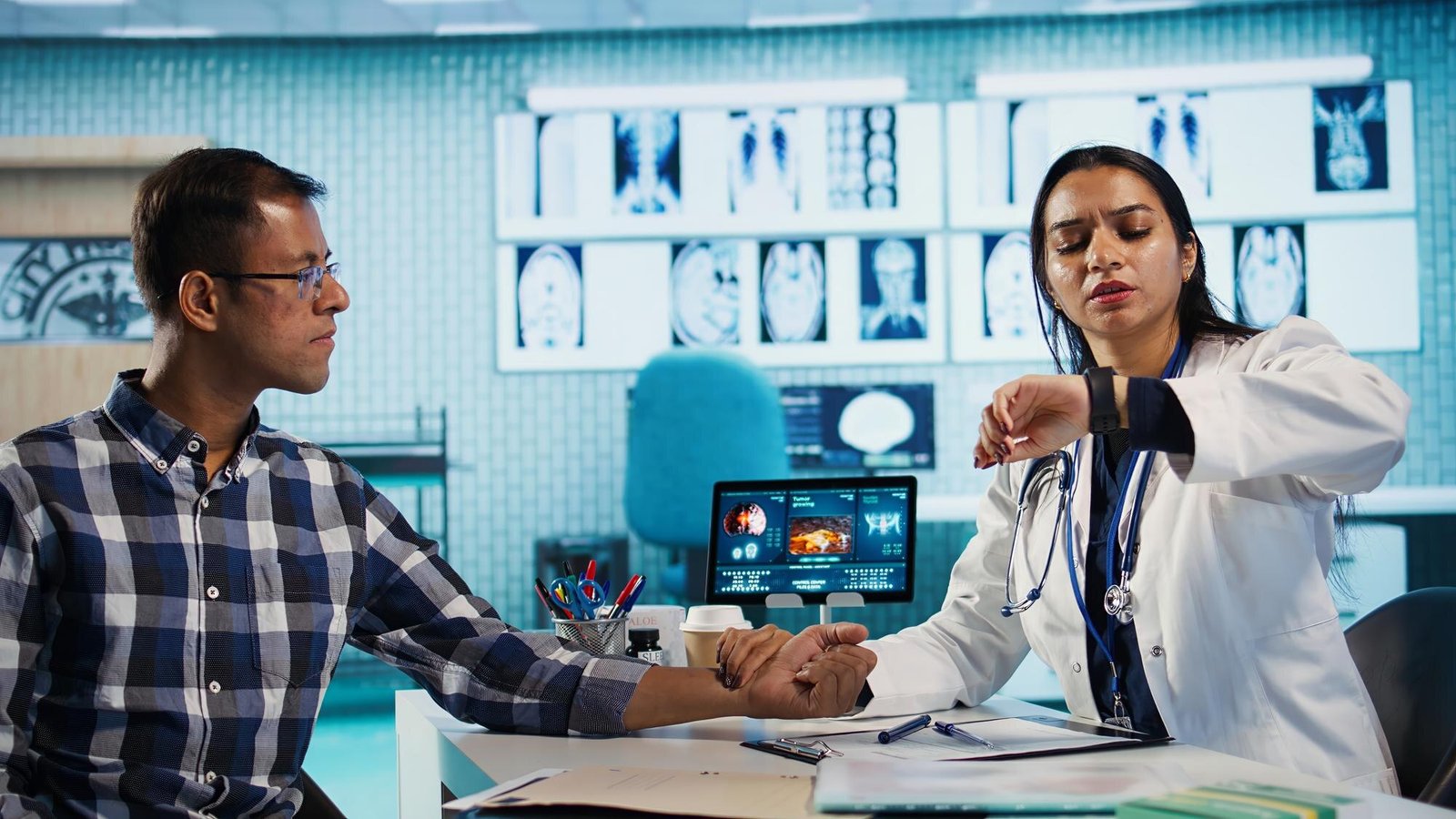 Provider measuring a patient’s heart rate